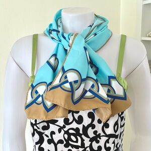 vintage aqua blue tan white geometric print long rectangle scarf
